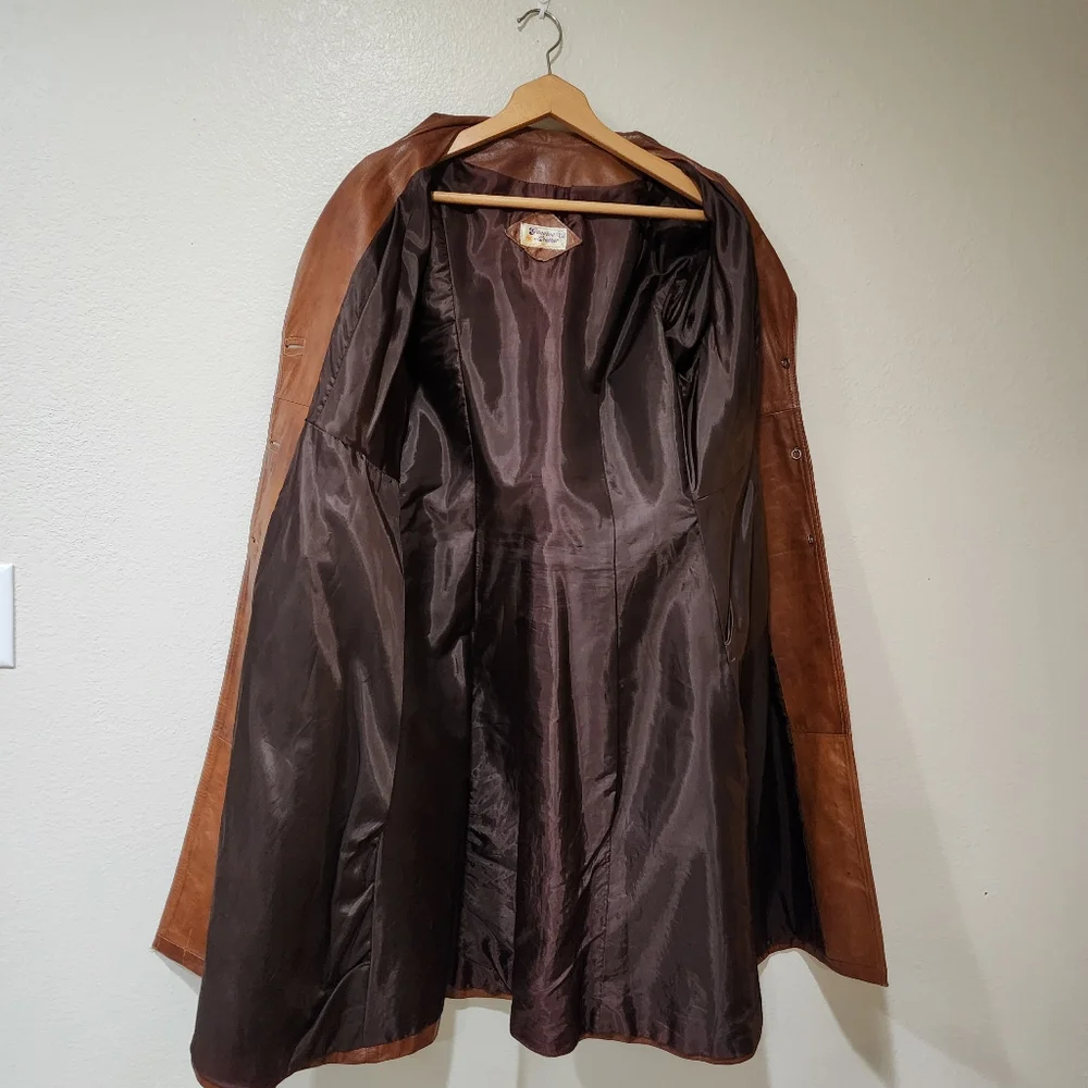 Vintage Leather Trench Coat Full Length 70s Genuine Cognac Leather size Medium - Picture 16 of 16